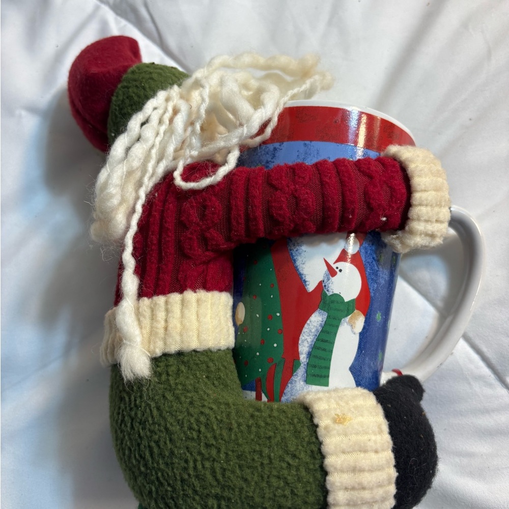 9” Festive stuffed Santa Mug holder with holiday Christmas snowman coffee mug